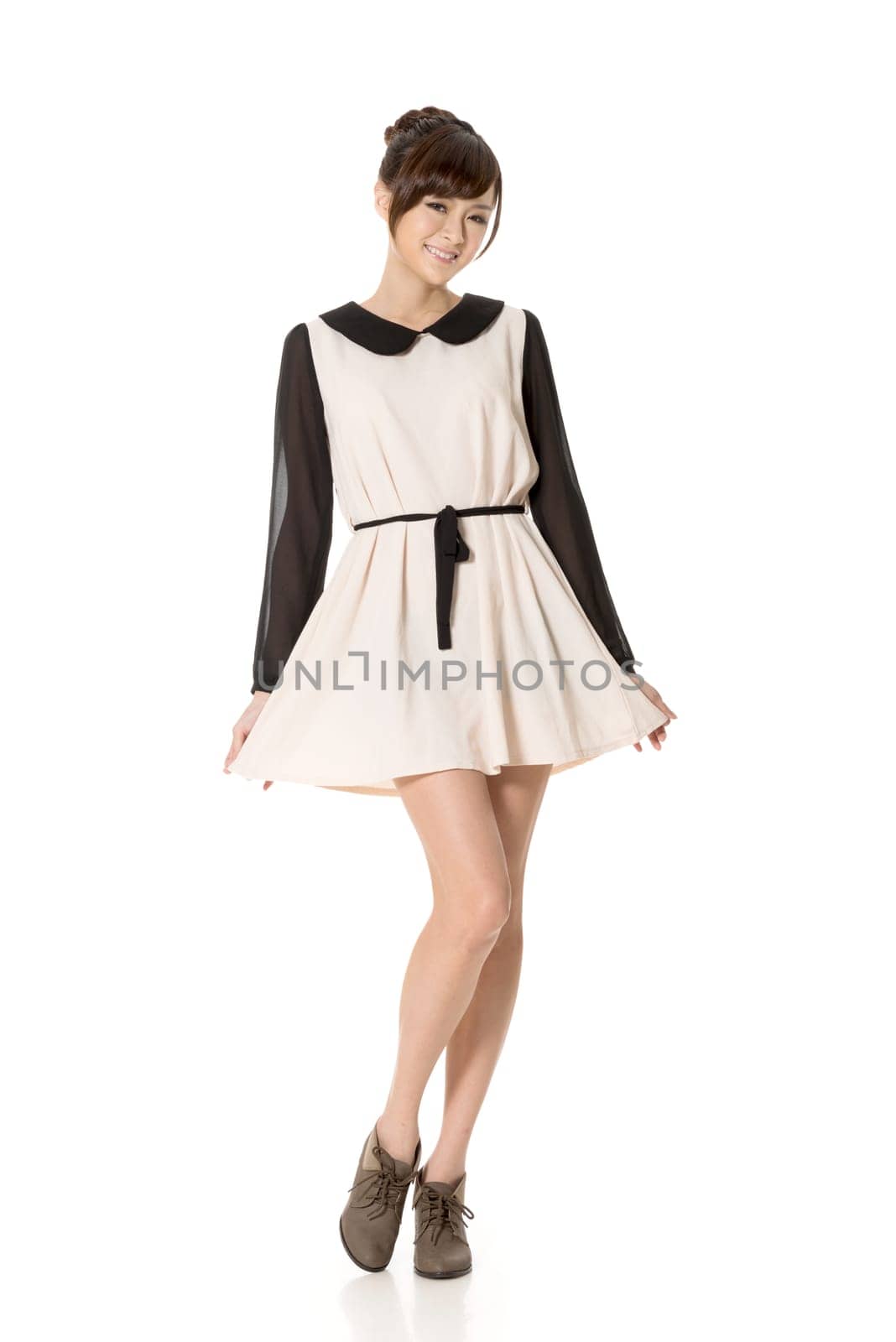 Asian beauty wear a spring dress, full length portrait isolated on white background.