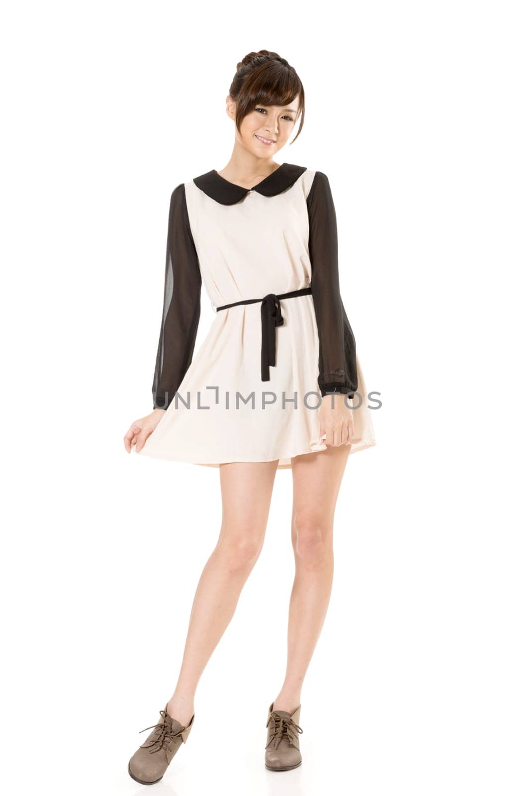 Asian beauty wear a spring dress, full length portrait isolated on white background.