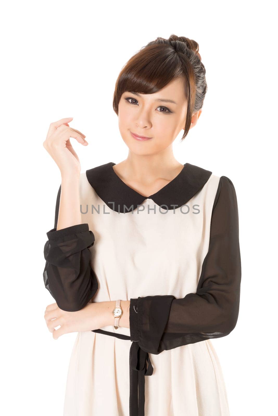 Asian beauty wear a spring dress, closeup portrait isolated on white background.