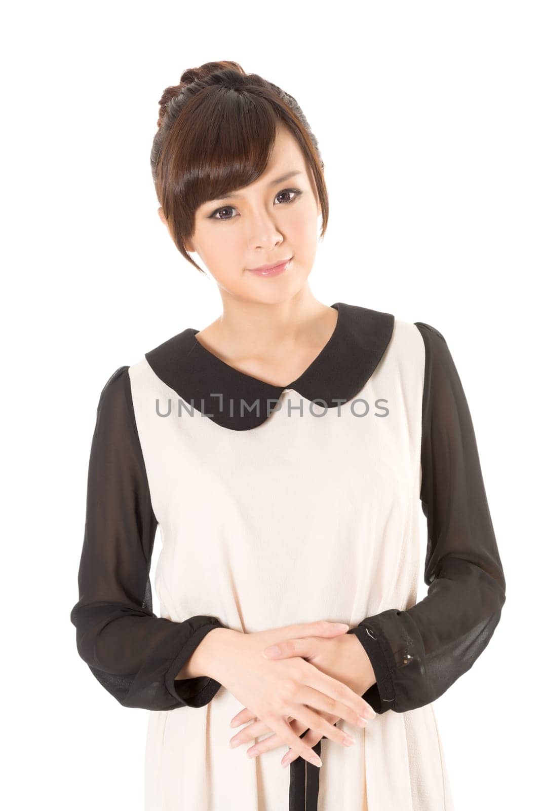 Asian beauty wear a spring dress, closeup portrait isolated on white background.