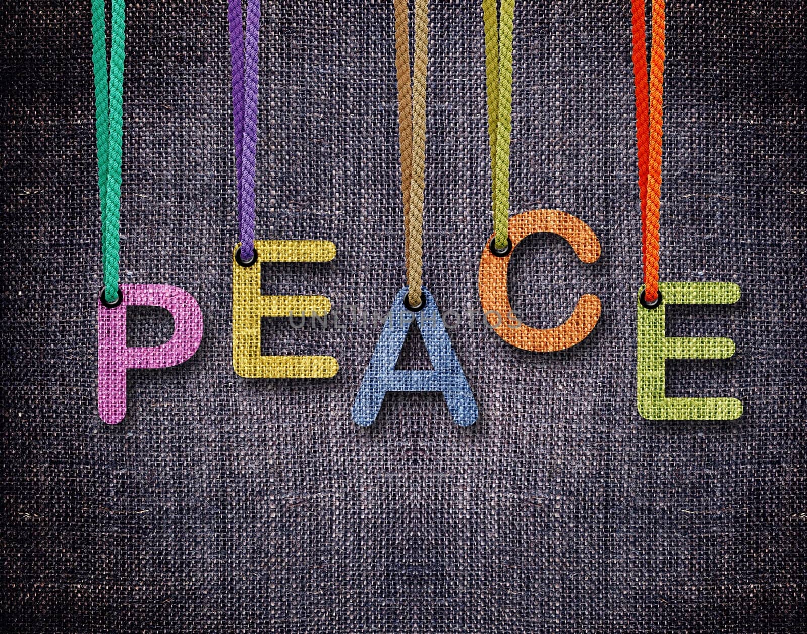 Peace Letters hanging strings with blue sackcloth background.