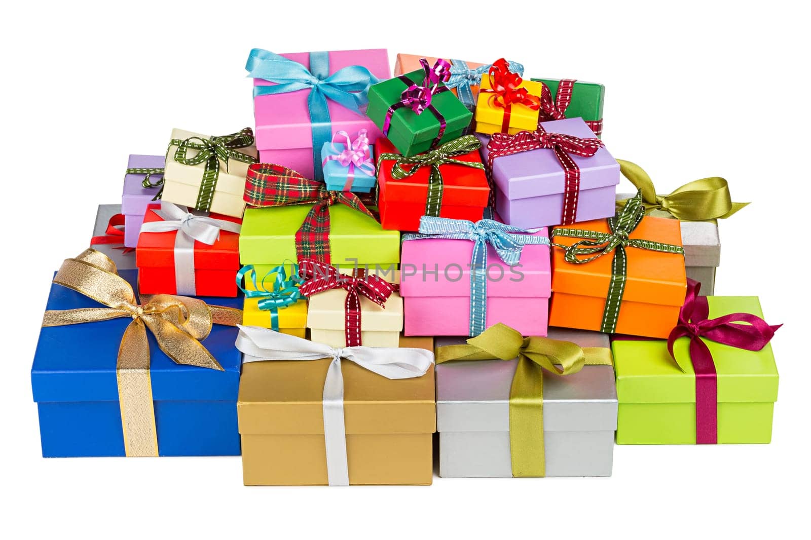Many colorful Christmas gifts on piles