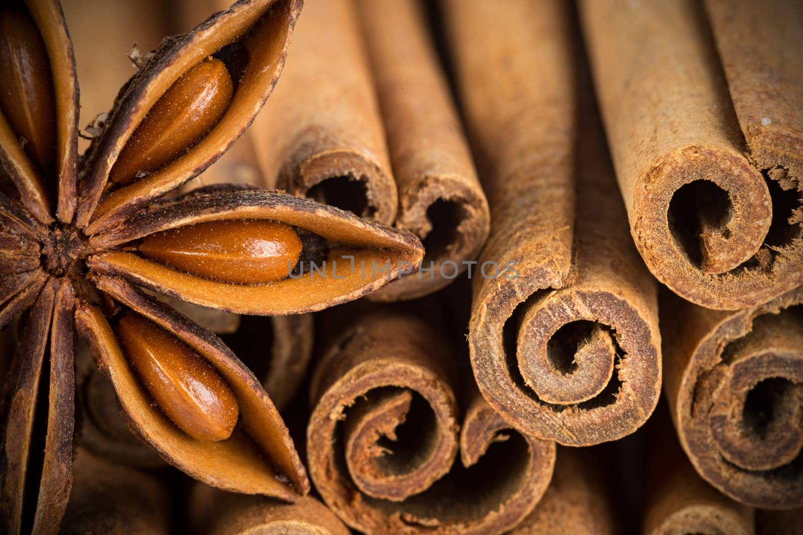 Anise star and cinnamon sticks in macro intake
