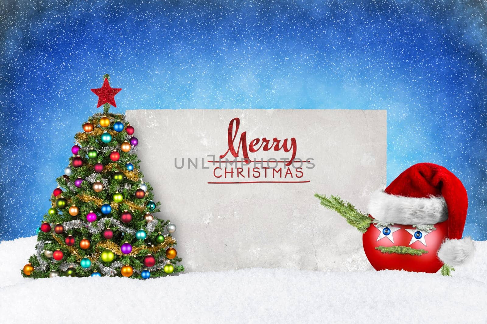 Greeting card with Christmas tree and ball with Santa hat