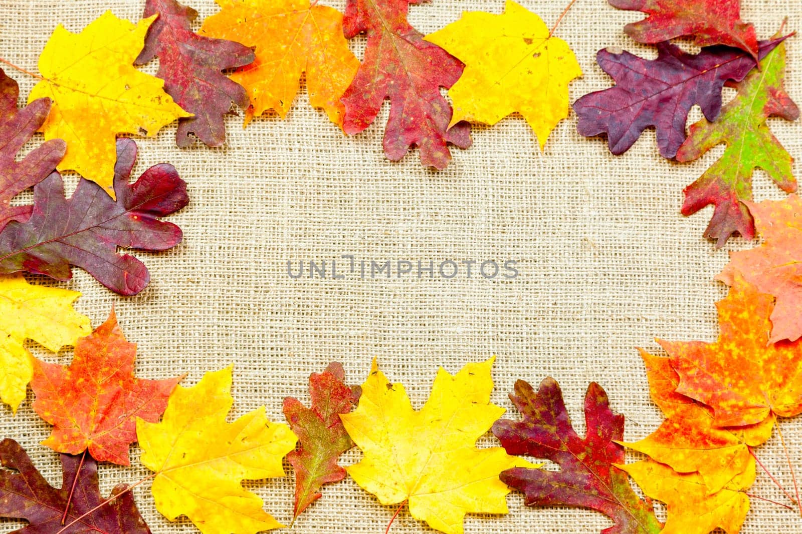 Fall-themed background of burlap and colorful leaves