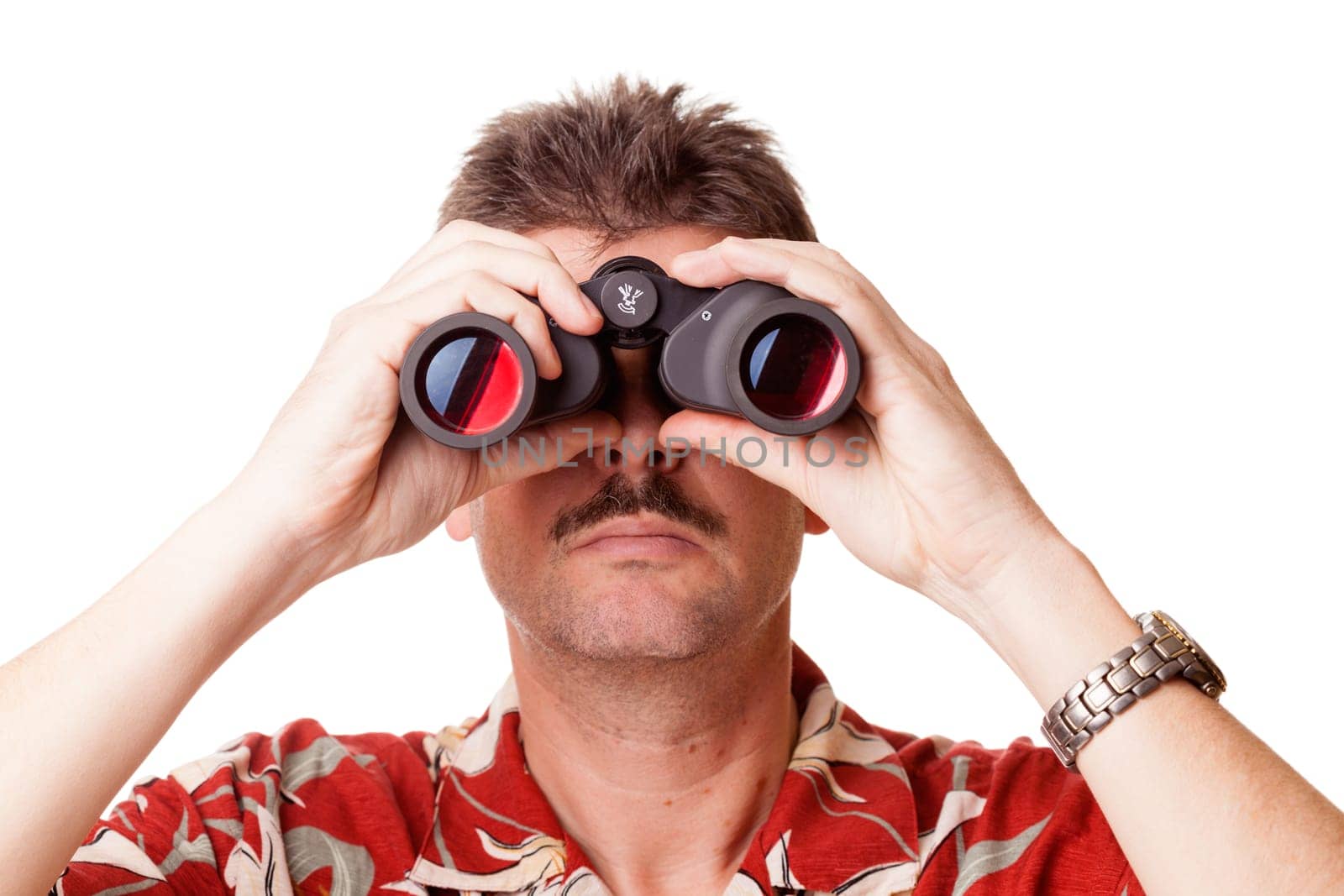 Man in Hawaiian shirt is looking through binoculars. Isolated on white