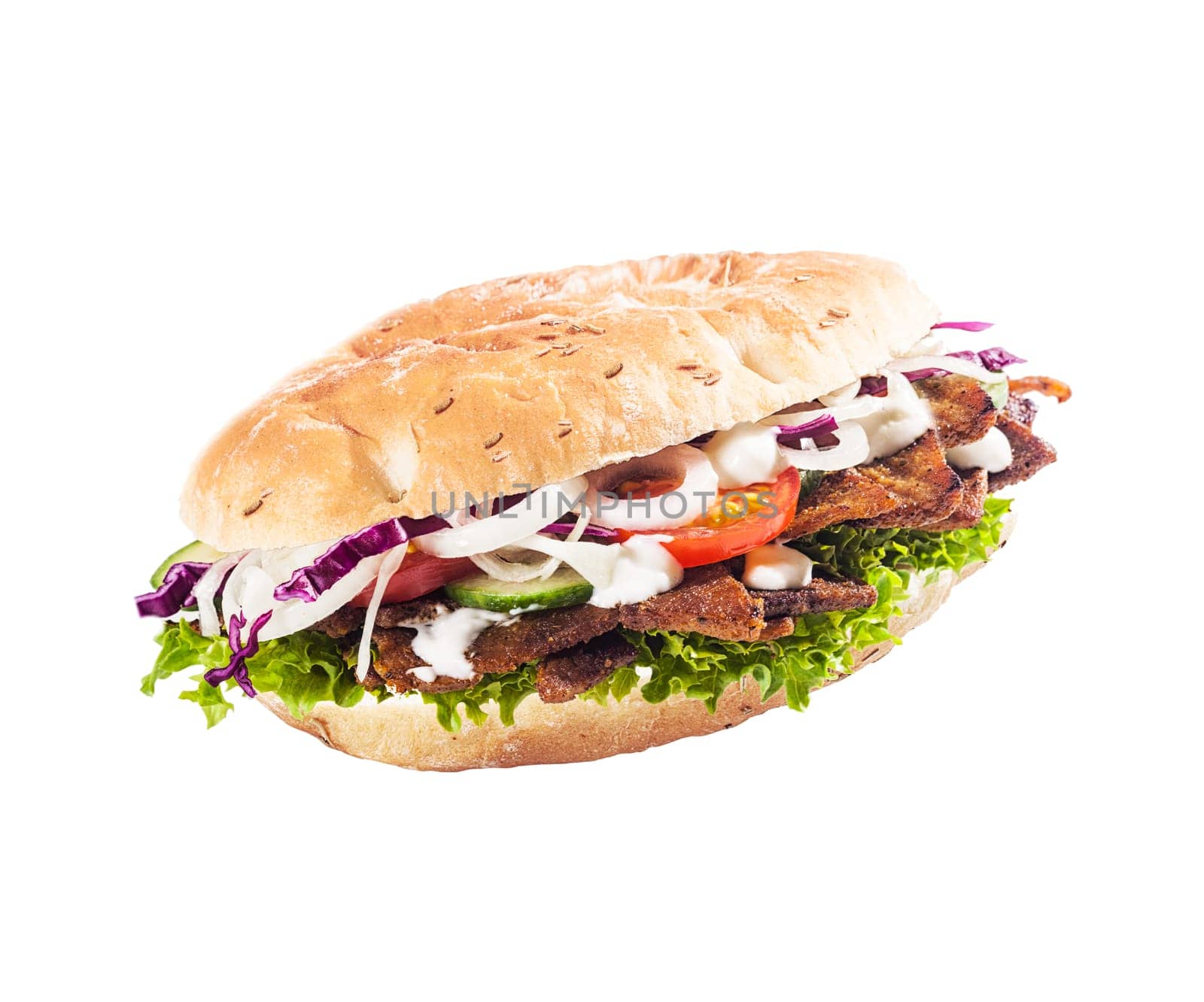 Healthy salad roll, kebab or döner with fresh lettuce, tomato, onion and cucumber with cripsy cooked meat isolated on white