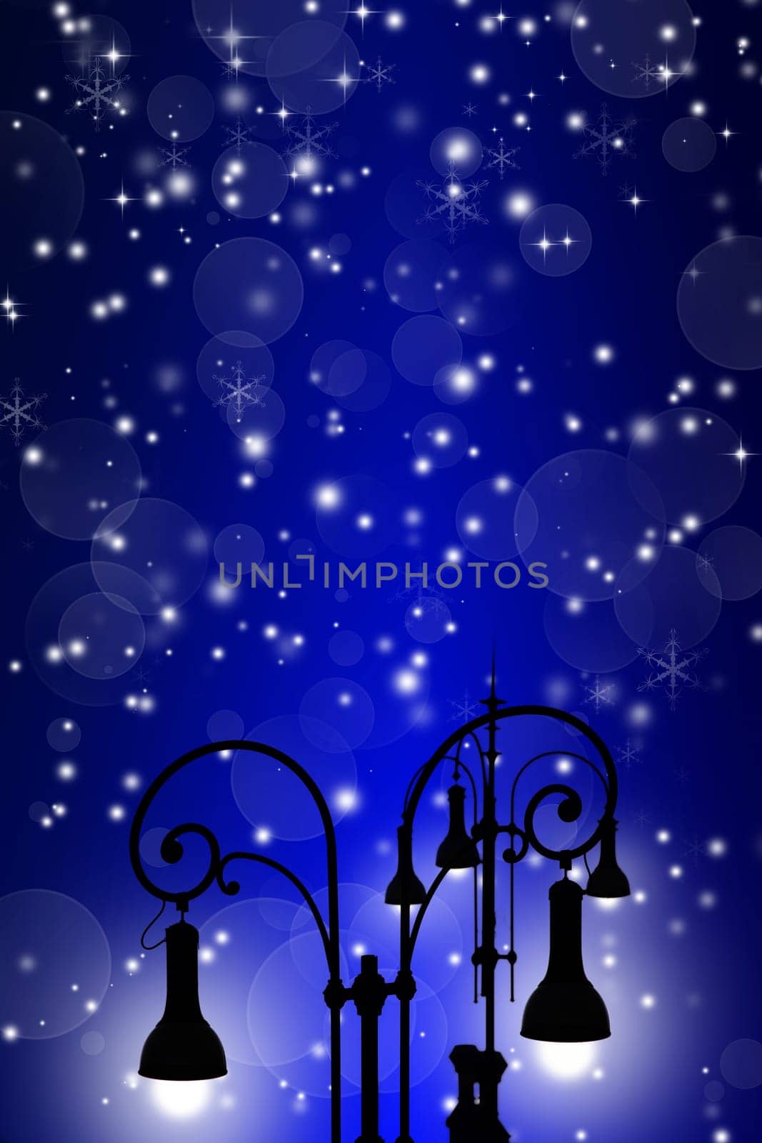 Christmas greeting card - white night with stars and street lamp