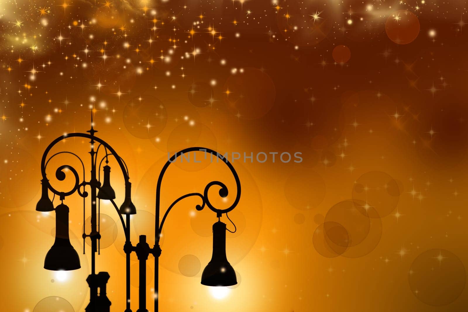 Christmas greeting card - white night with stars and street lamp