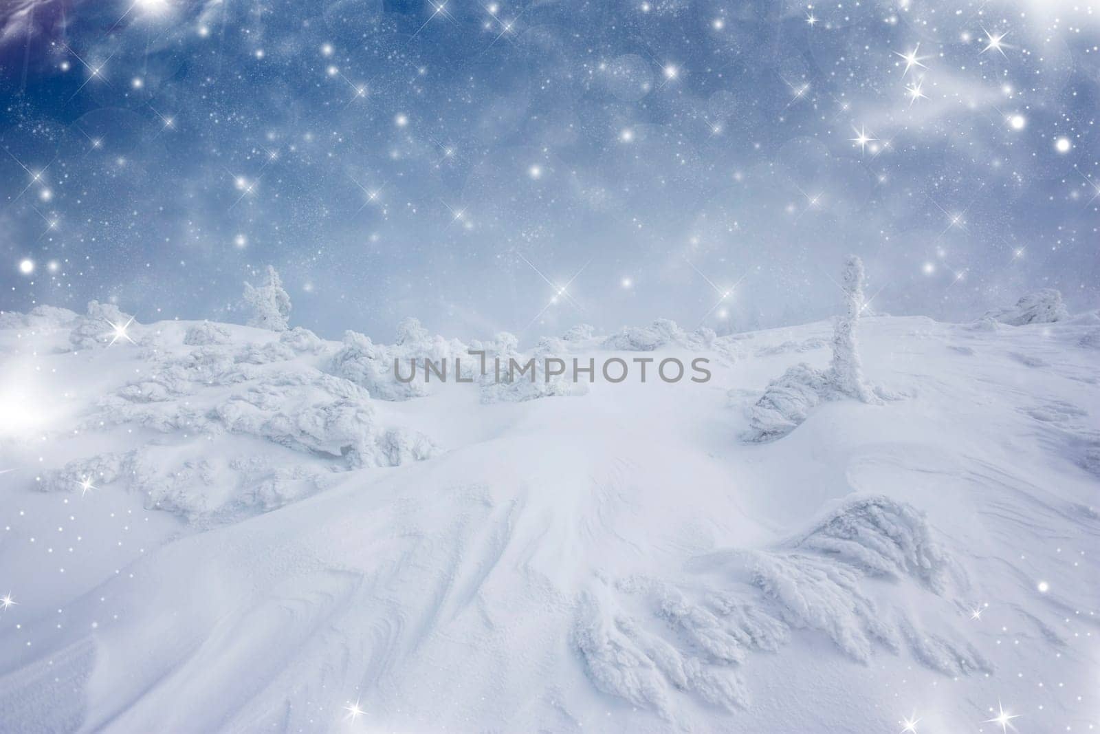 Christmas background with stars and footsteps in the snow