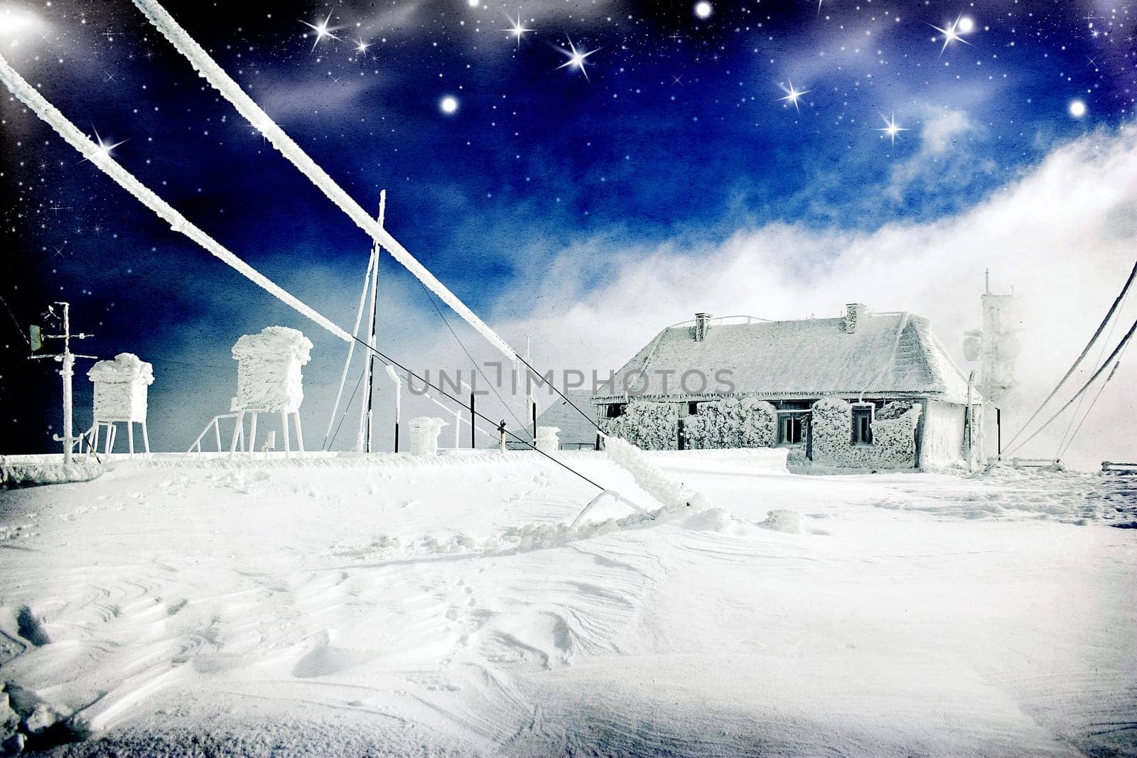 Christmas background with fairytale house in the mountains