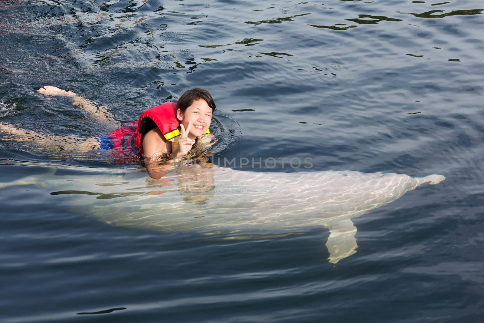 Swimming with dolphin,teenager with fish in the water