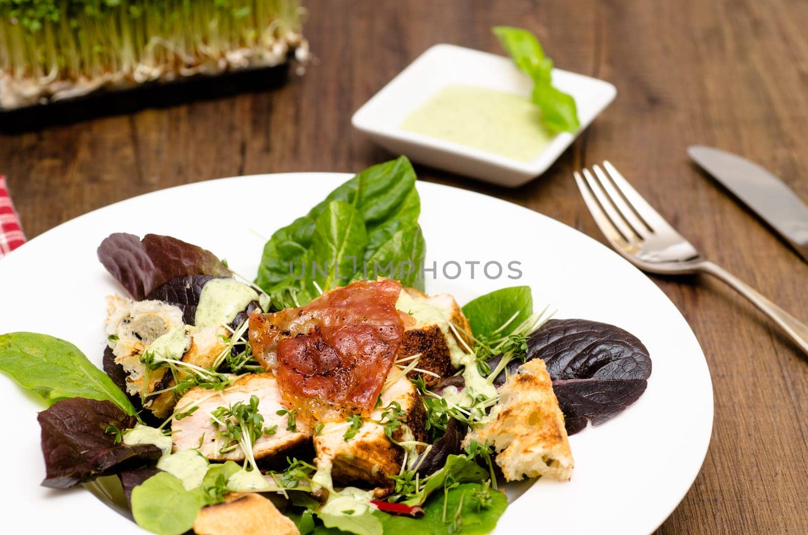 Salad with fried turkey and serrano on lettuce and cress
