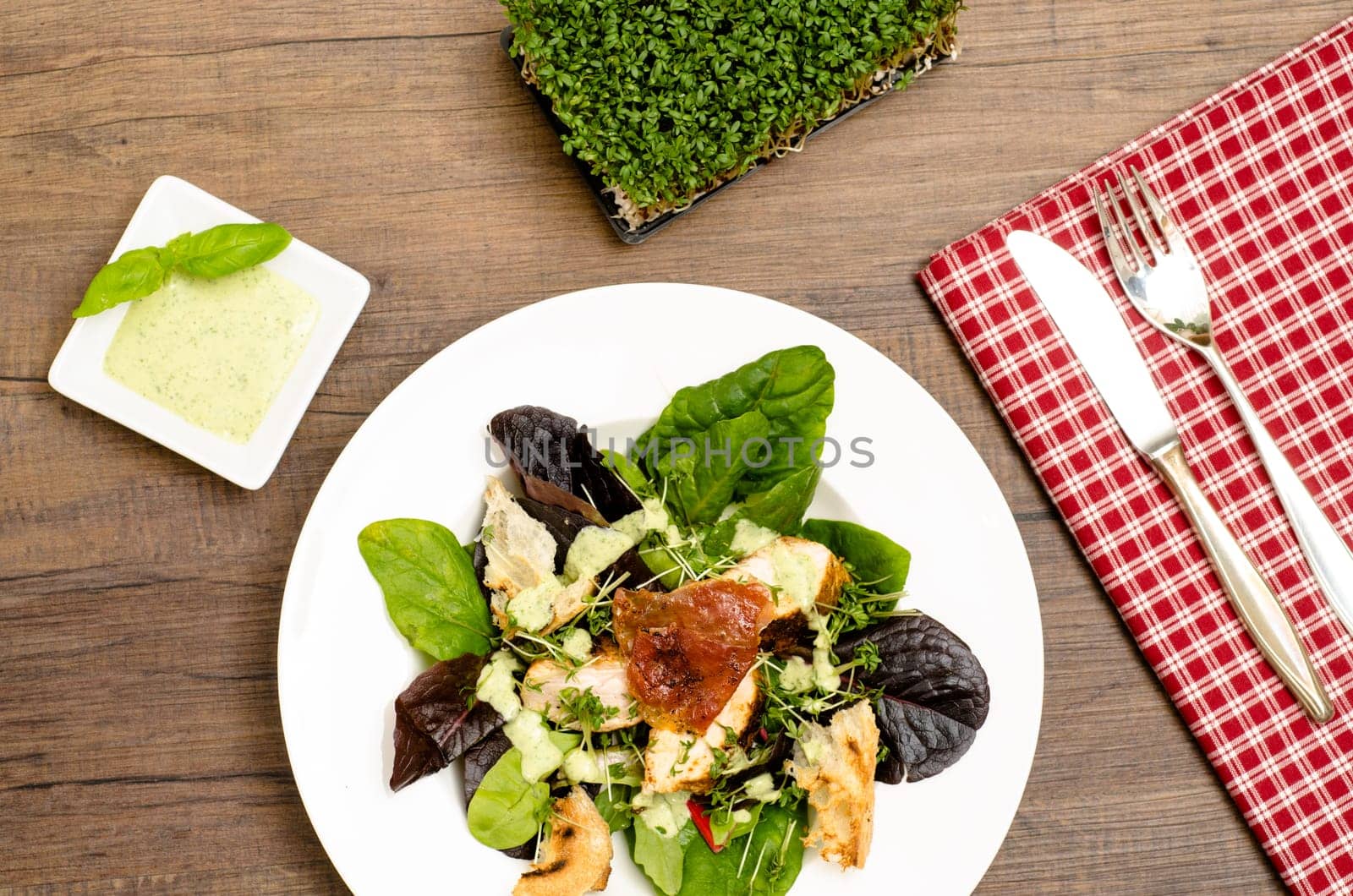 Salad with turkey fillet,Serrano ham,cress and yogurt sauce with basil
