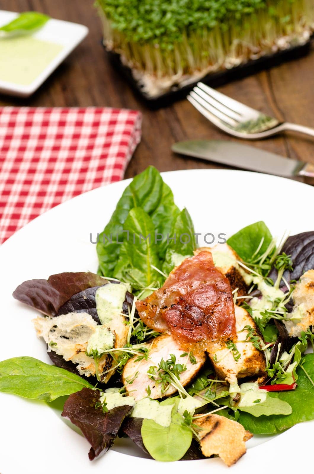 Caesar salad with turkey and Serrano ham and lettuce,bread and cress in portrait format