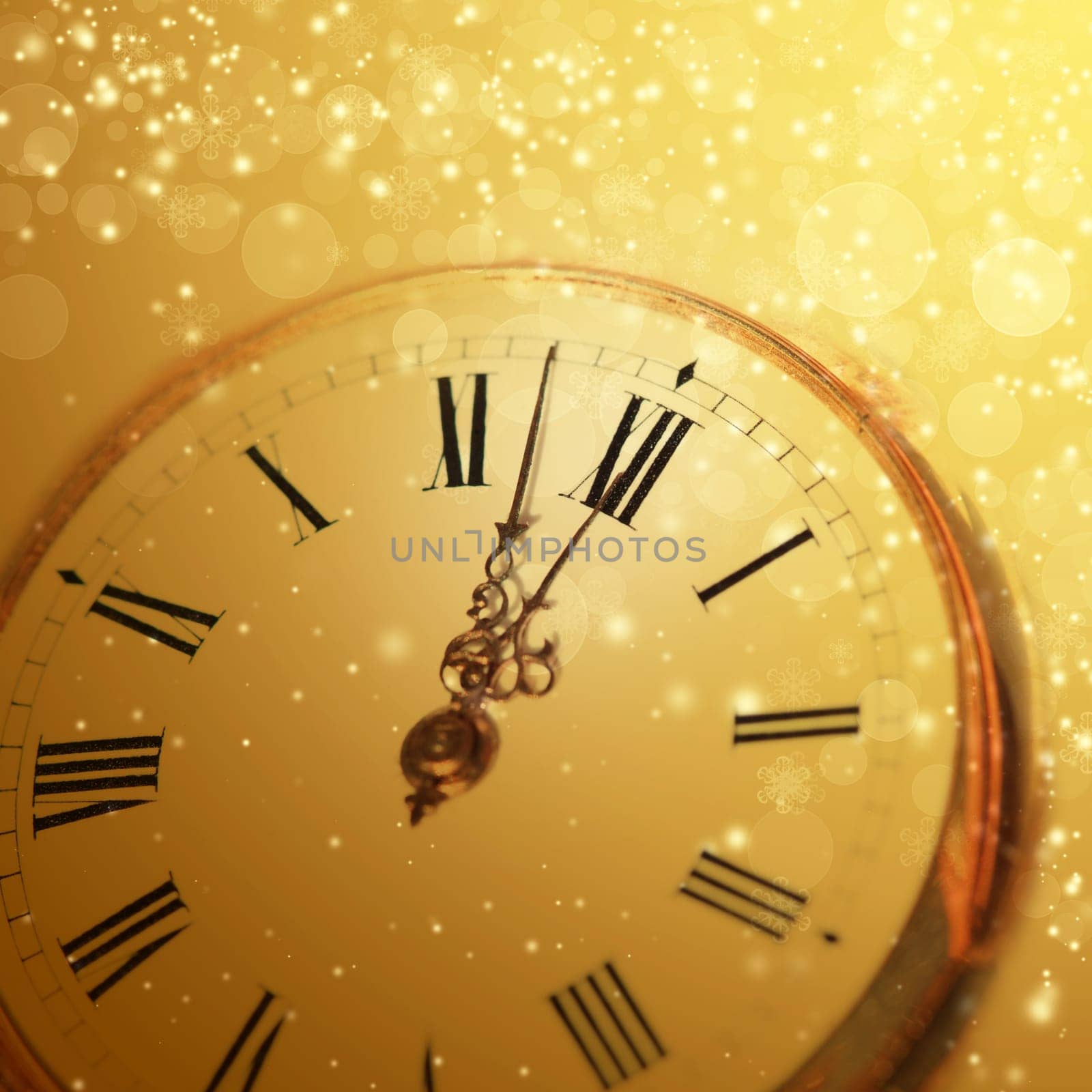 Old clock with stars snowflakes and holiday lights