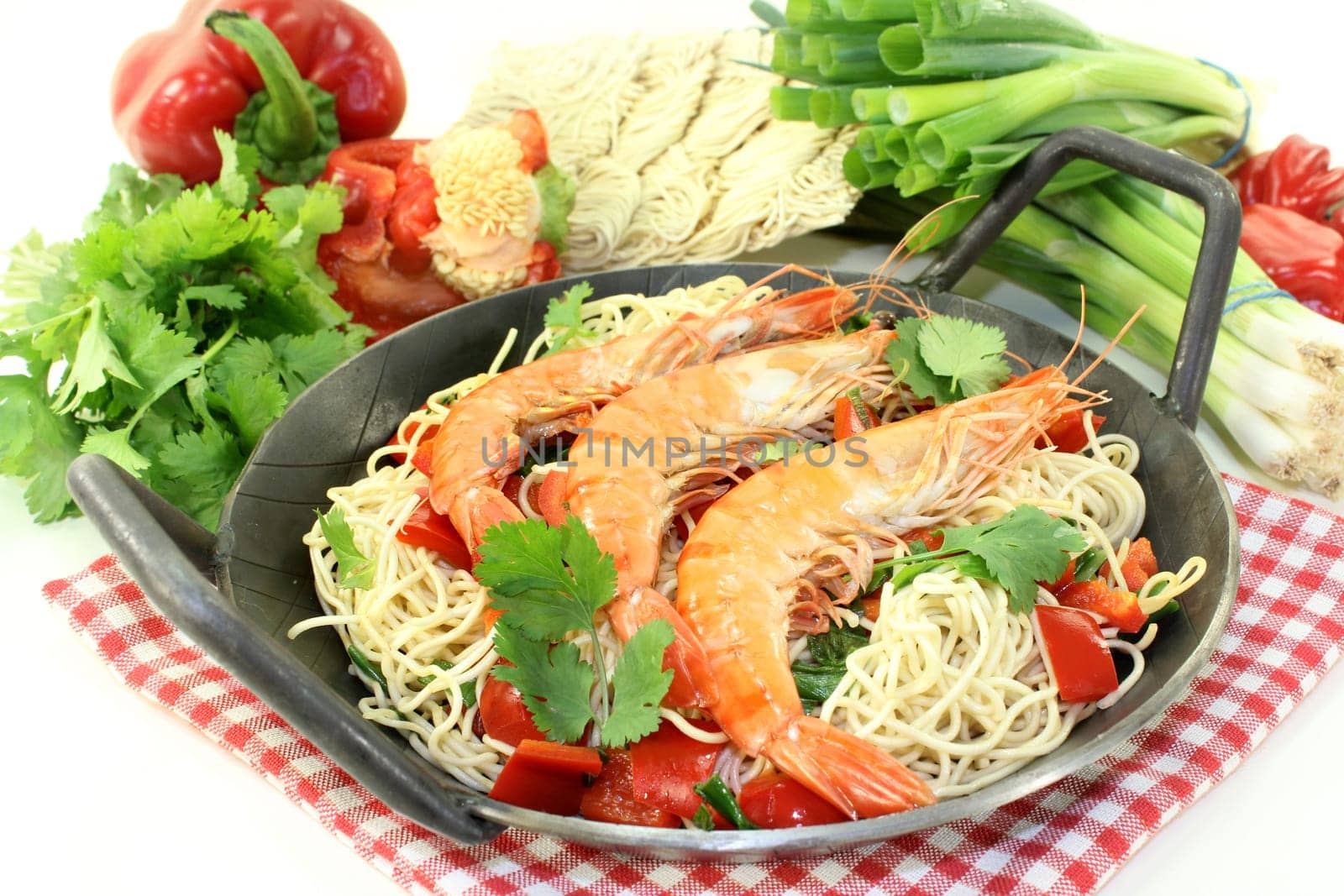 Black Tiger prawns on Mie noodles with vegetables