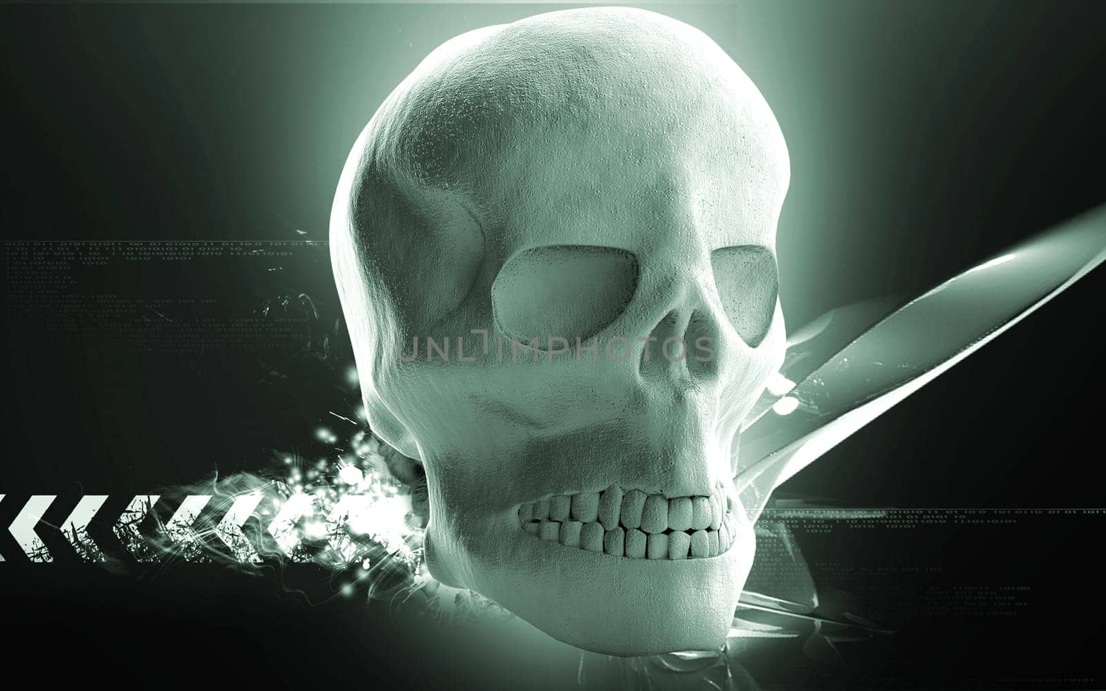 Digital illustration of Human skull in colour background