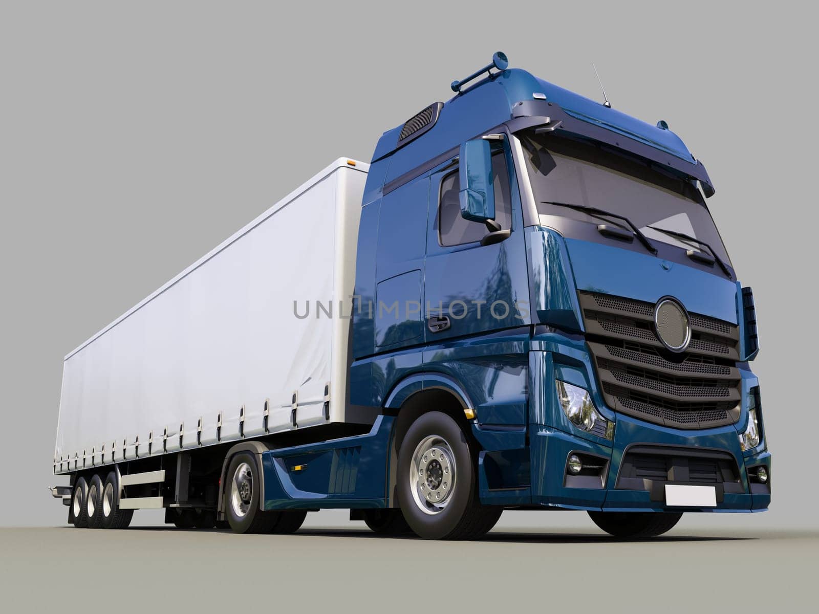 A modern semi-trailer truck on gray background