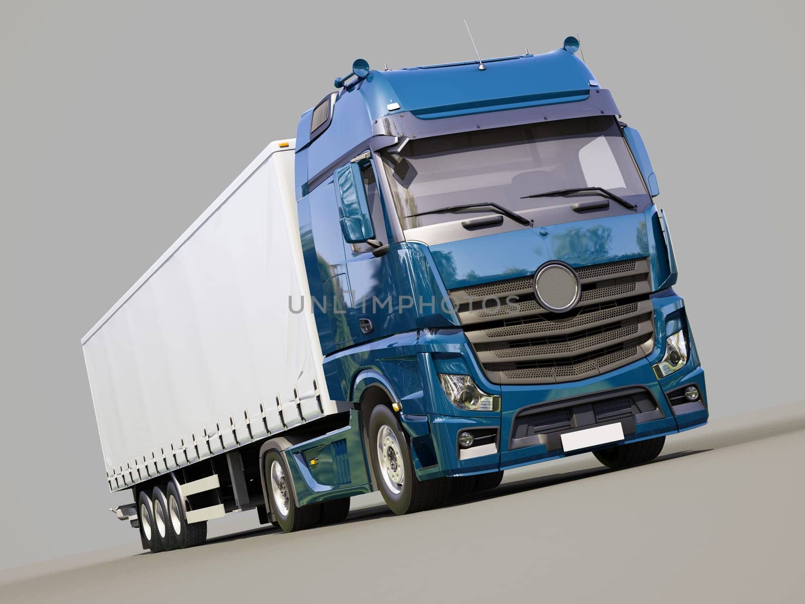 A modern semi-trailer truck on gray background