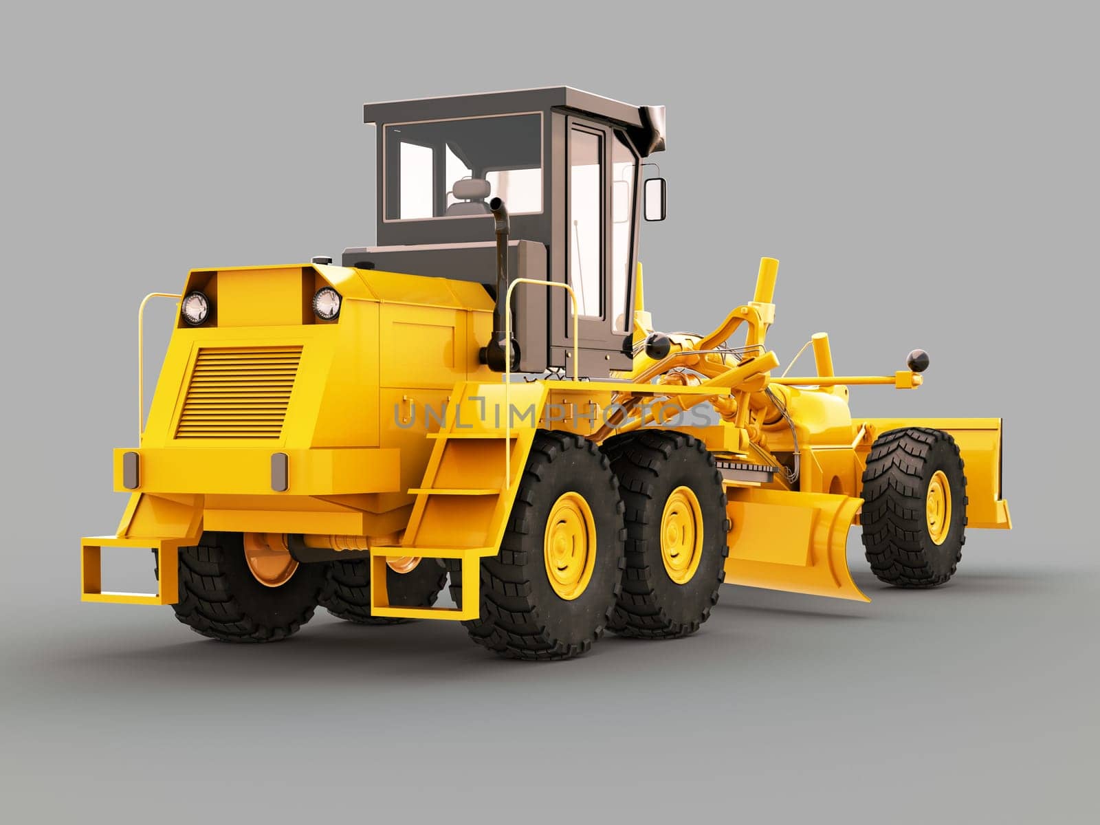 Modern three-axle road grader on a gray background