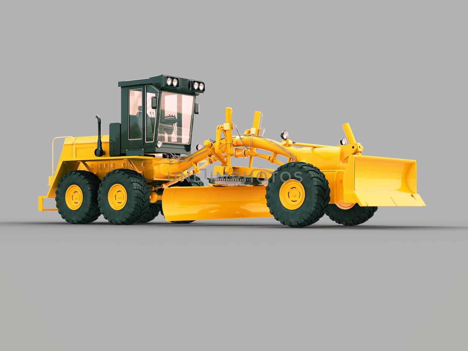 Modern three-axle road grader on a gray background