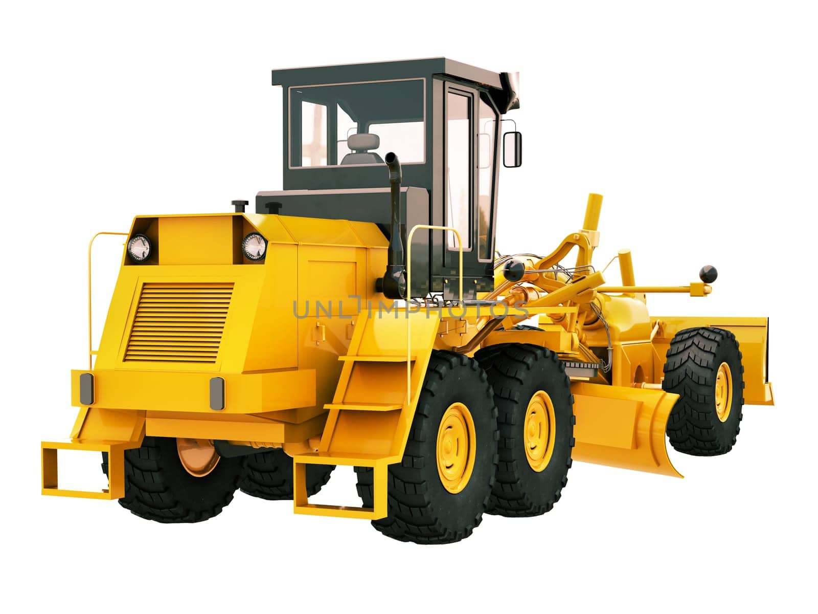 Modern three-axle road grader isolated on a white background