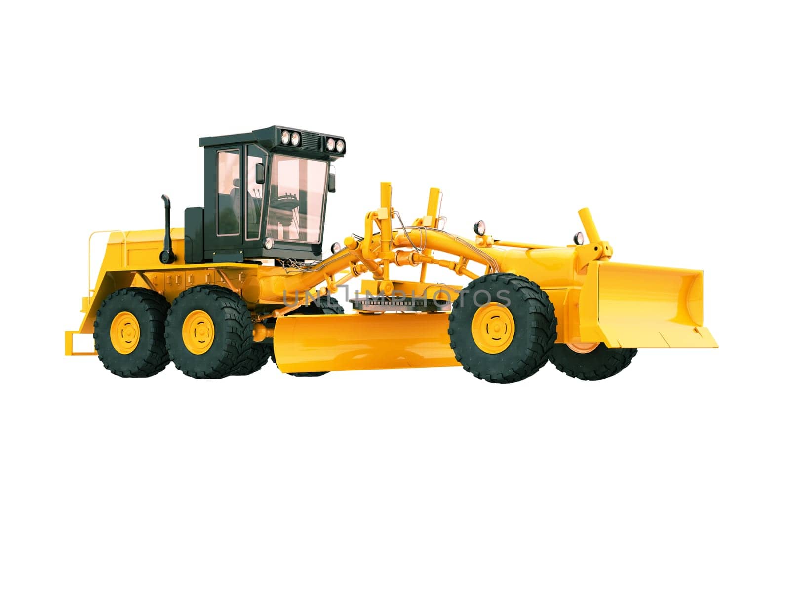 Modern three-axle road grader isolated on a white background