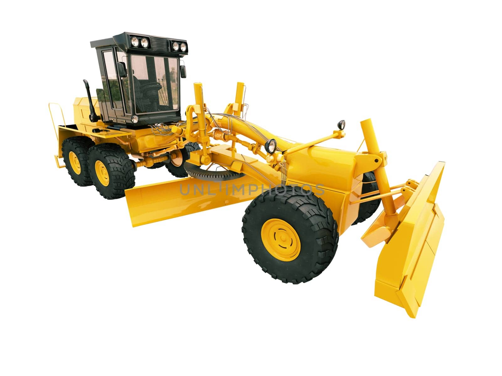 Modern three-axle road grader isolated on a white background