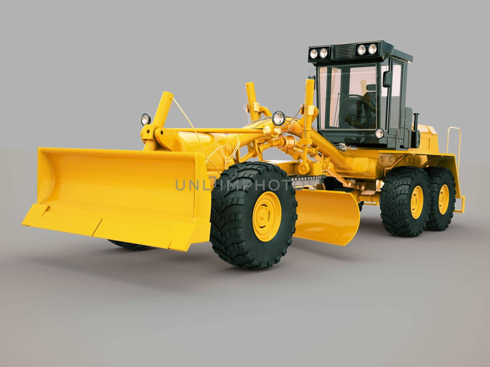 Modern three-axle road grader on a gray background