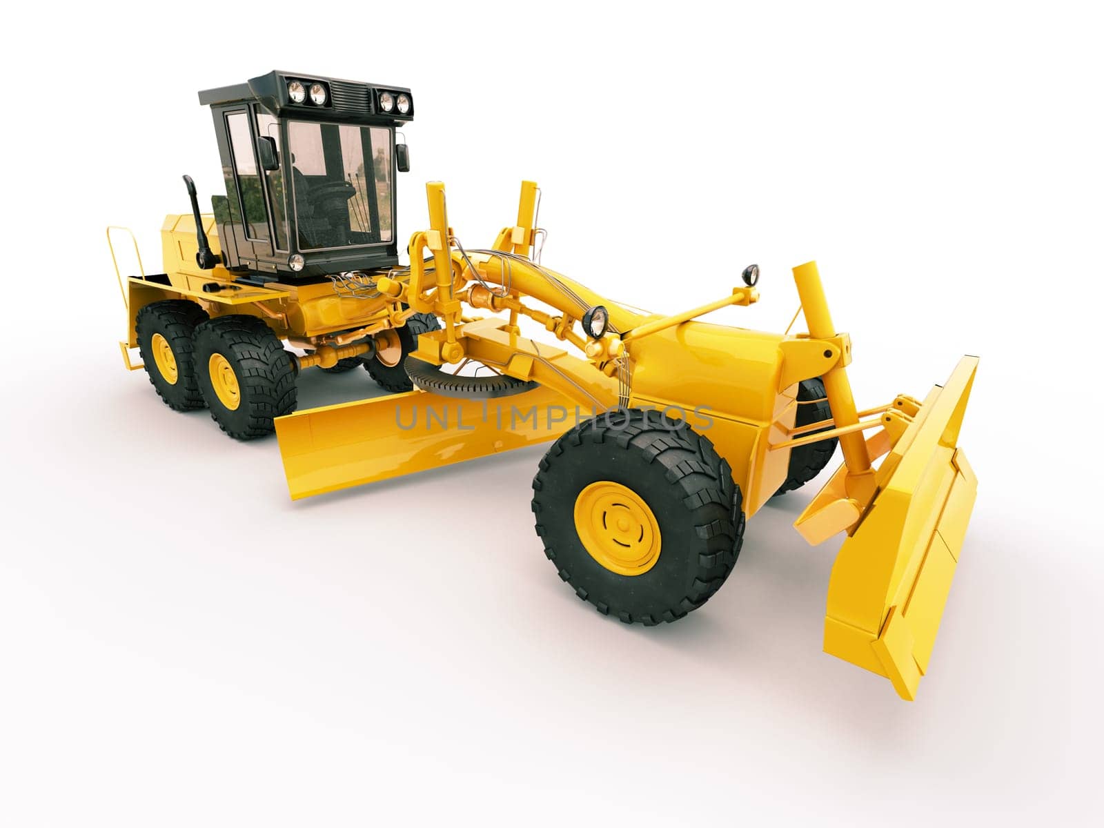 Modern three-axle road grader on a light background