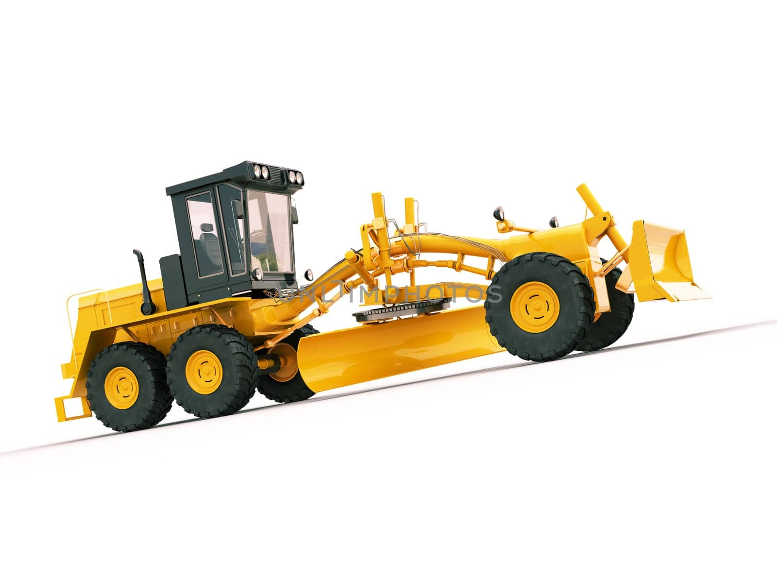 Modern three-axle road grader on a light background