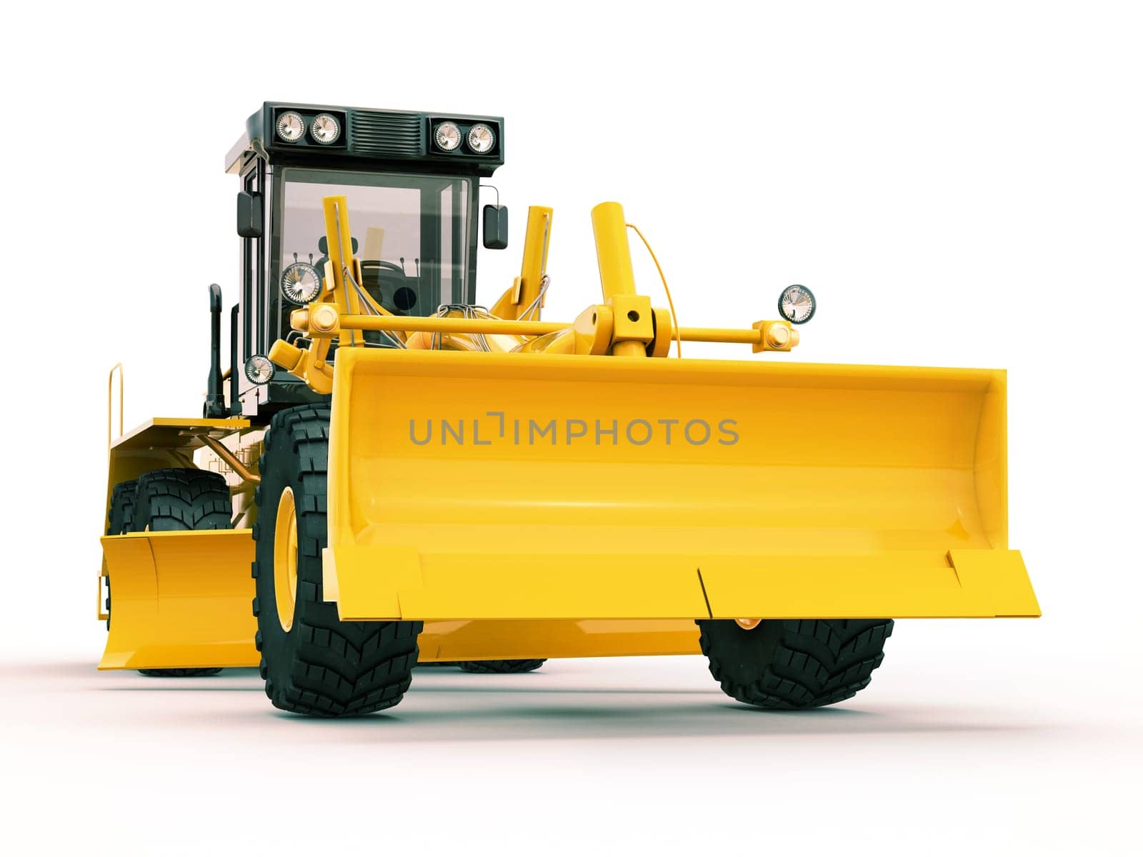 Modern three-axle road grader on a light background