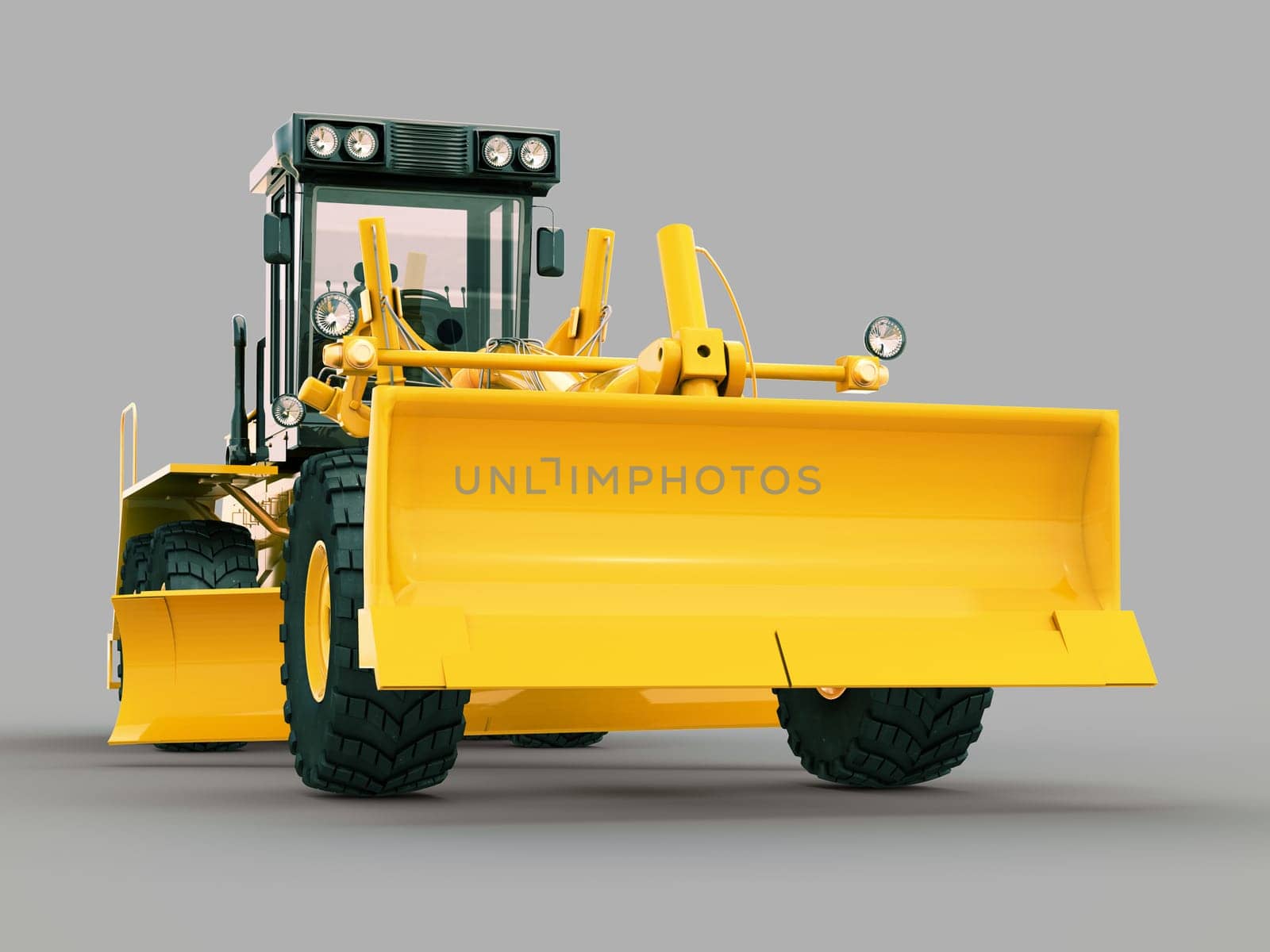 Modern three-axle road grader on a gray background