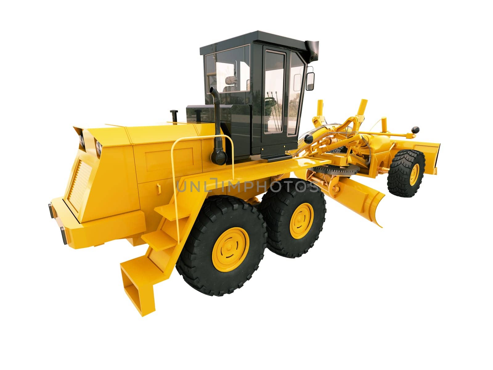 Modern three-axle road grader isolated on a white background
