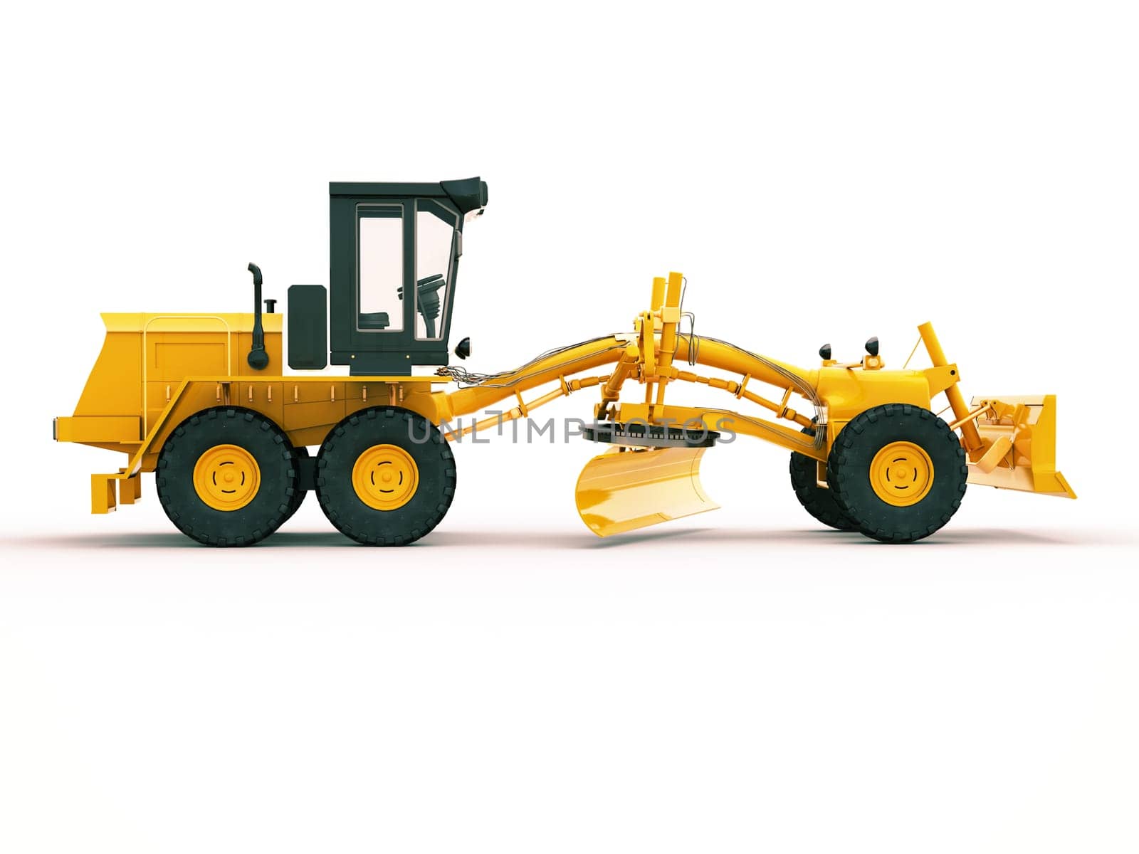 Modern three-axle road grader on a light background