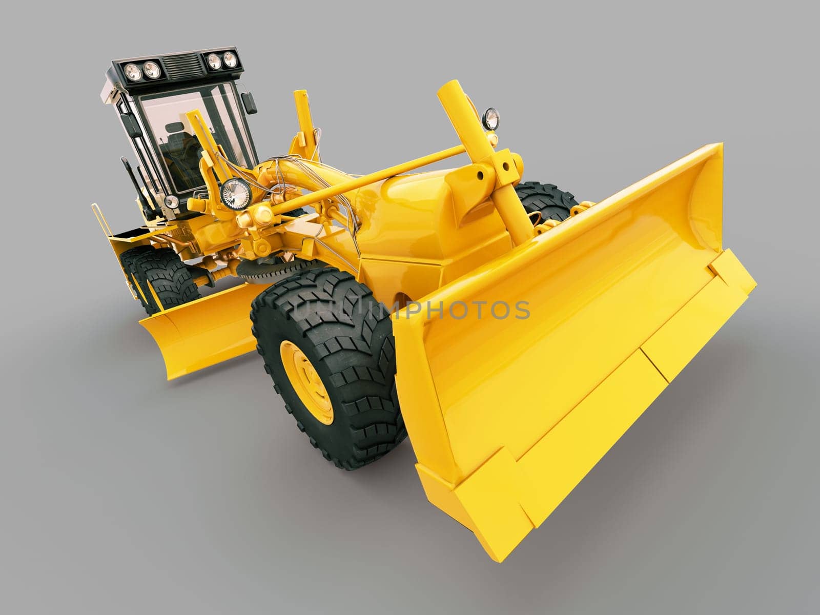Modern three-axle road grader on a gray background