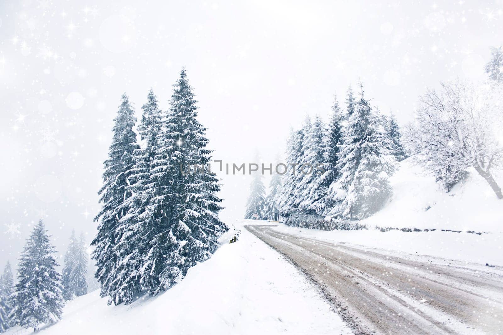 Snow cowered winter road in the mountains