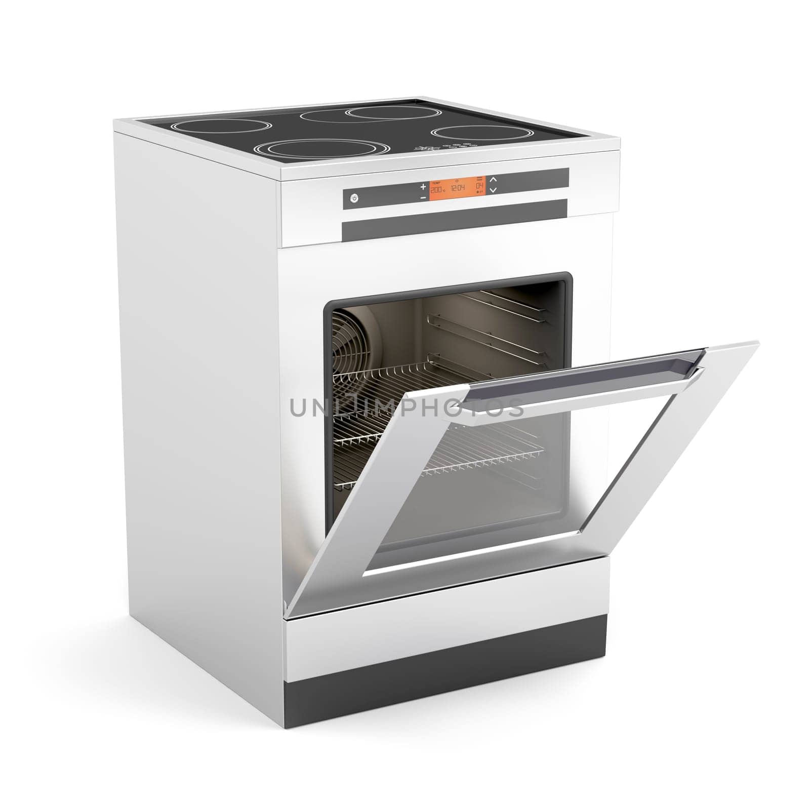 Modern electric stove with opened door on white background