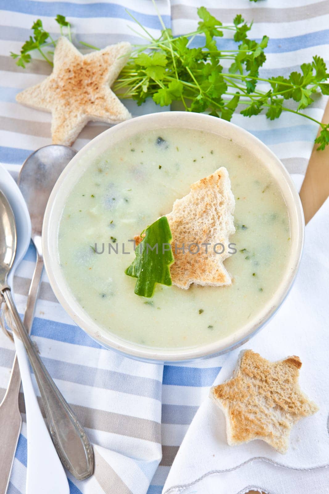 Creamy vegetable soup with cucumber and toasted white bread