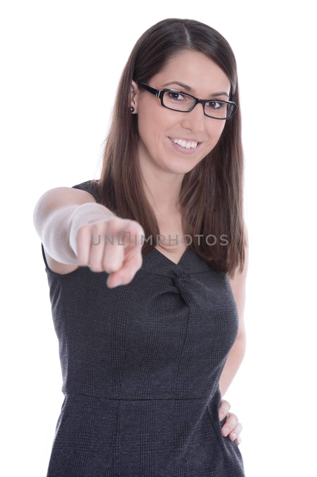 Woman with glasses isolated points confidently with her finger