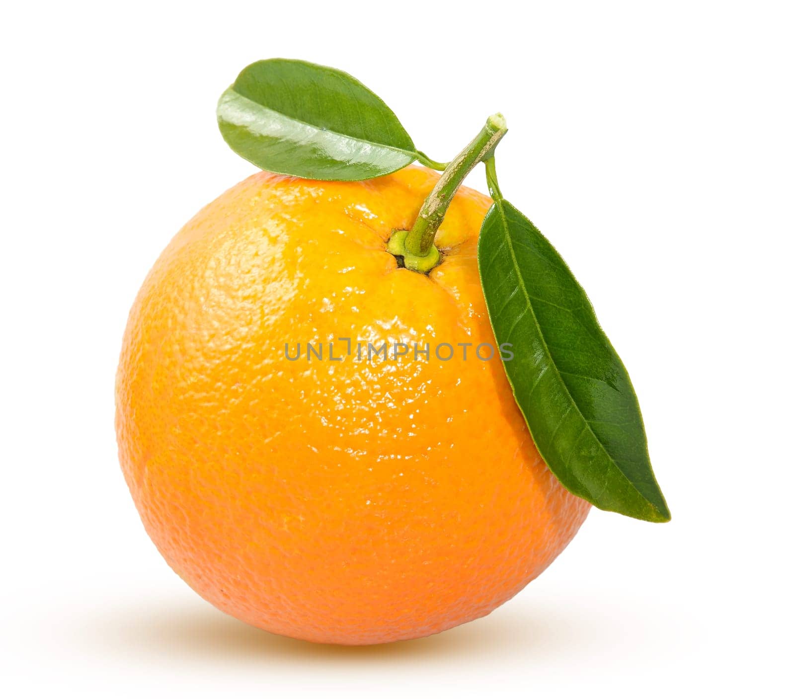 ripe orange with a green leaf on a wooden board