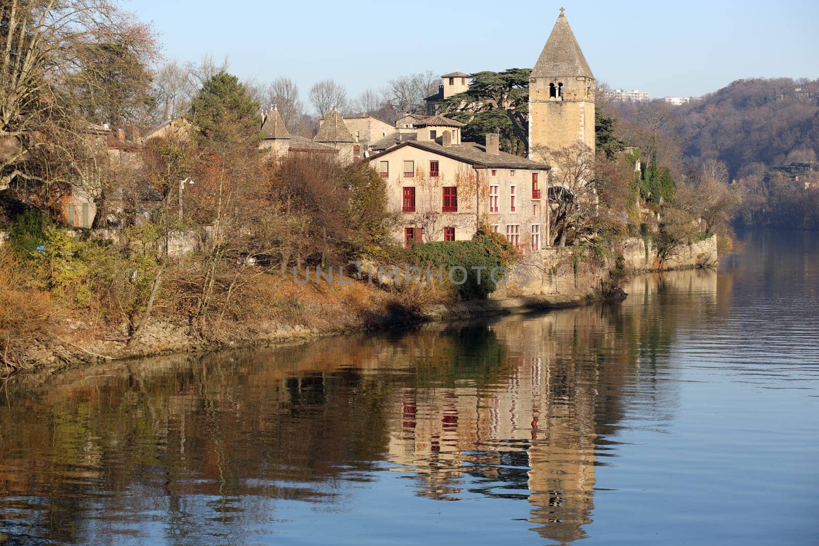 Details of the ile Barbe who is an island in the middle of the Saone at Lyon in France.