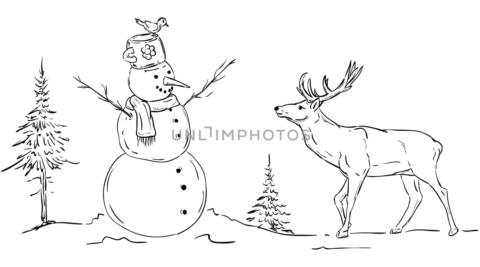 vector - snowman and deer at winter time