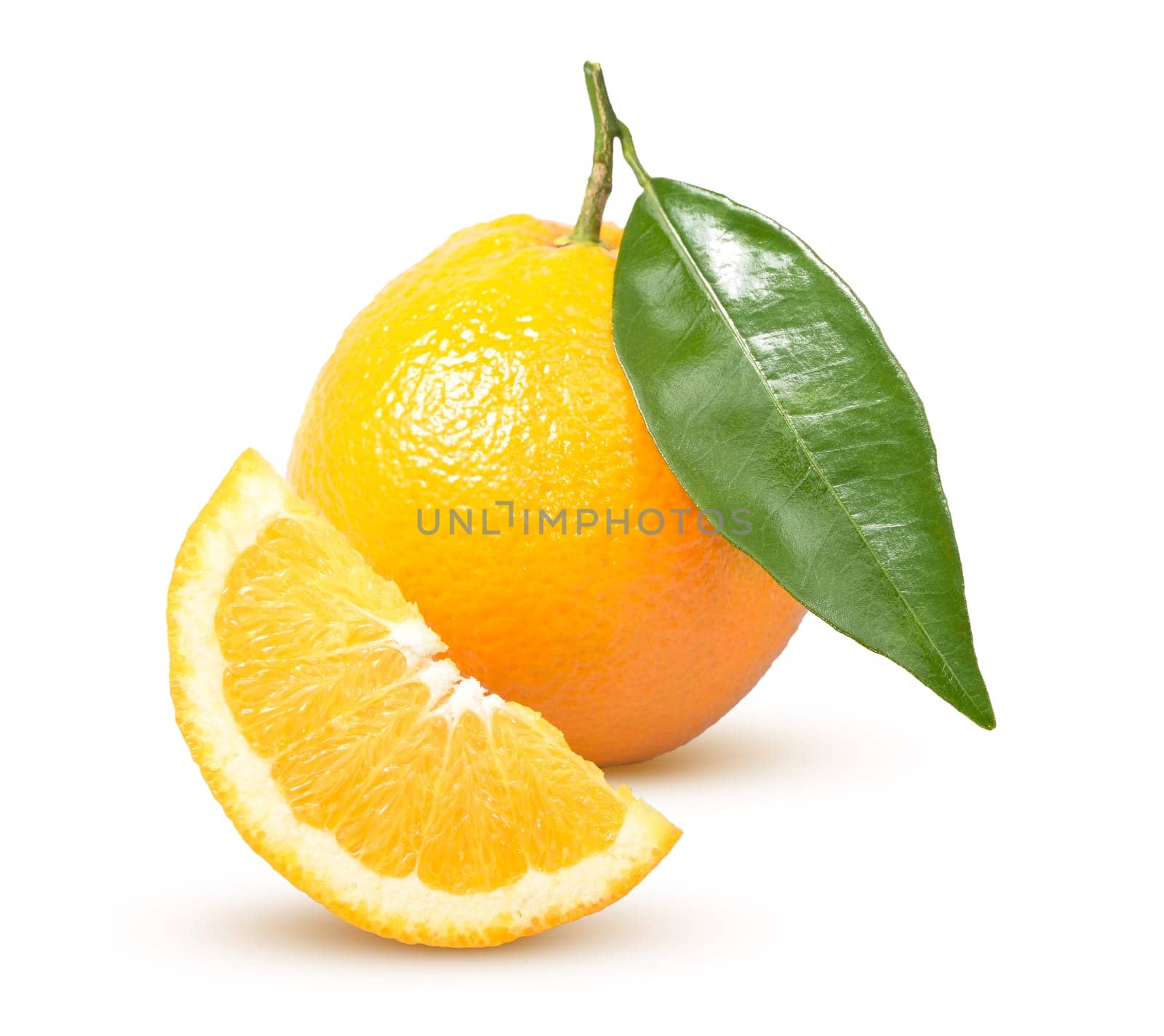 Ripe orange with a green leaf on a white background