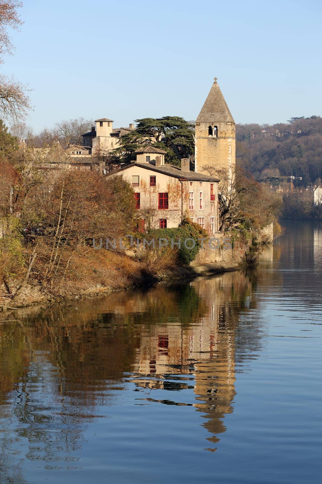 Details of the ile Barbe who is an island in the middle of the Saone at Lyon in France.
