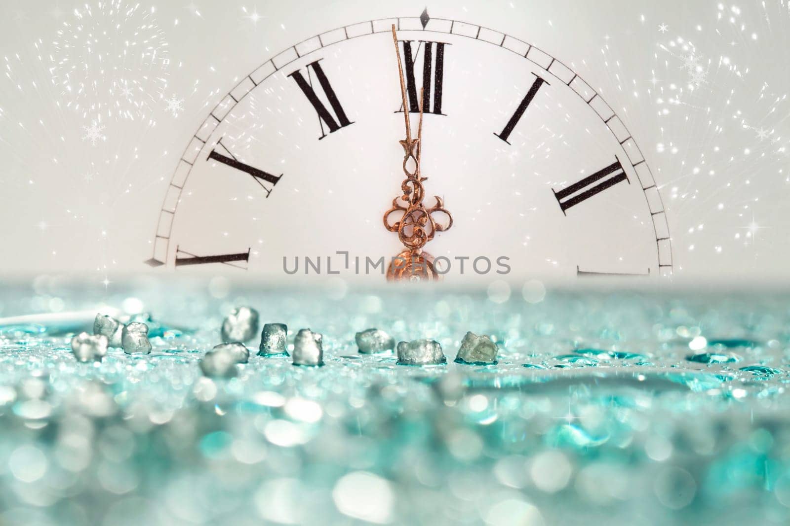 Old clock with stars snowflakes and holiday lights