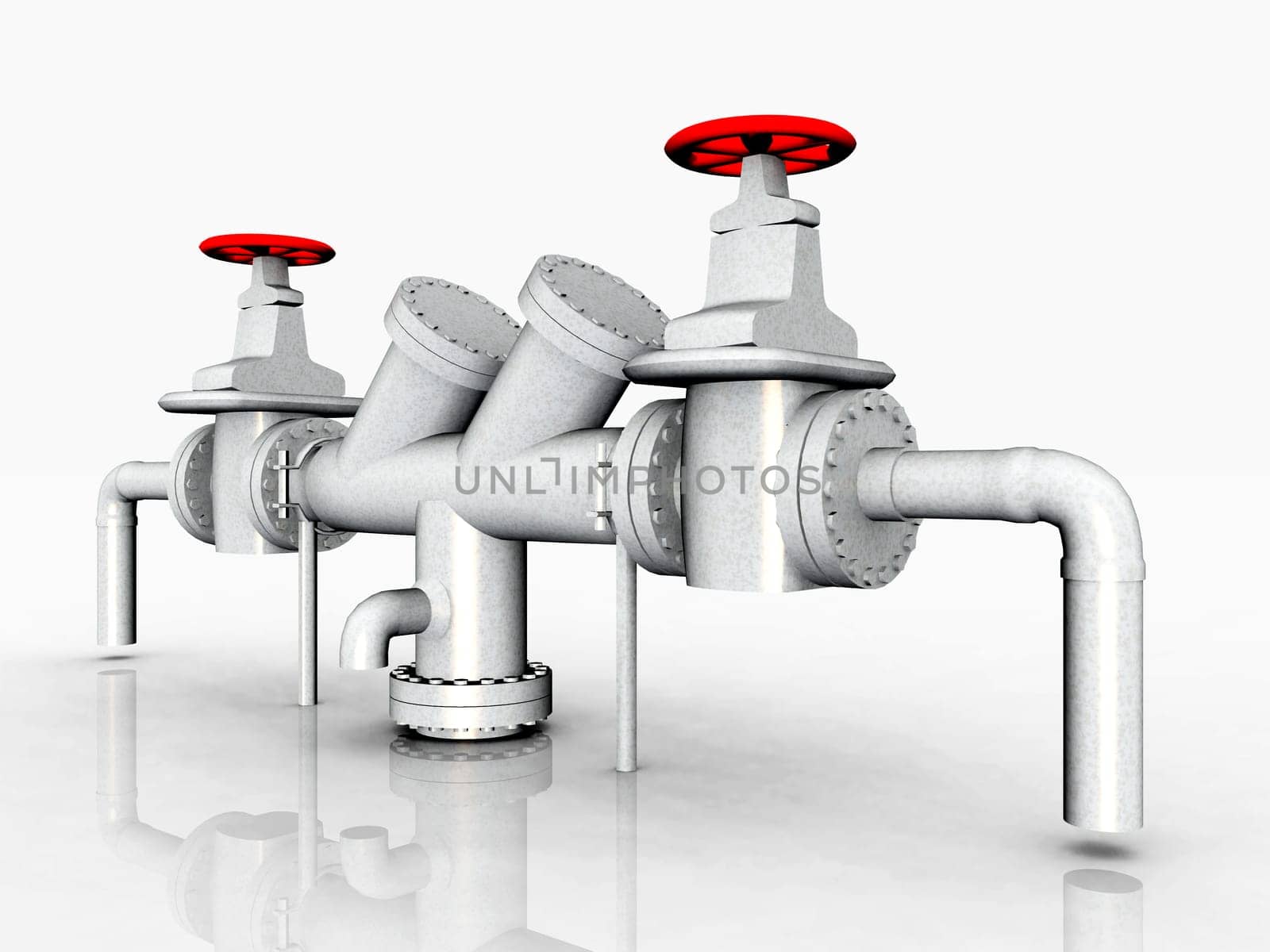 Computer-generated 3D illustration with pipes and valves