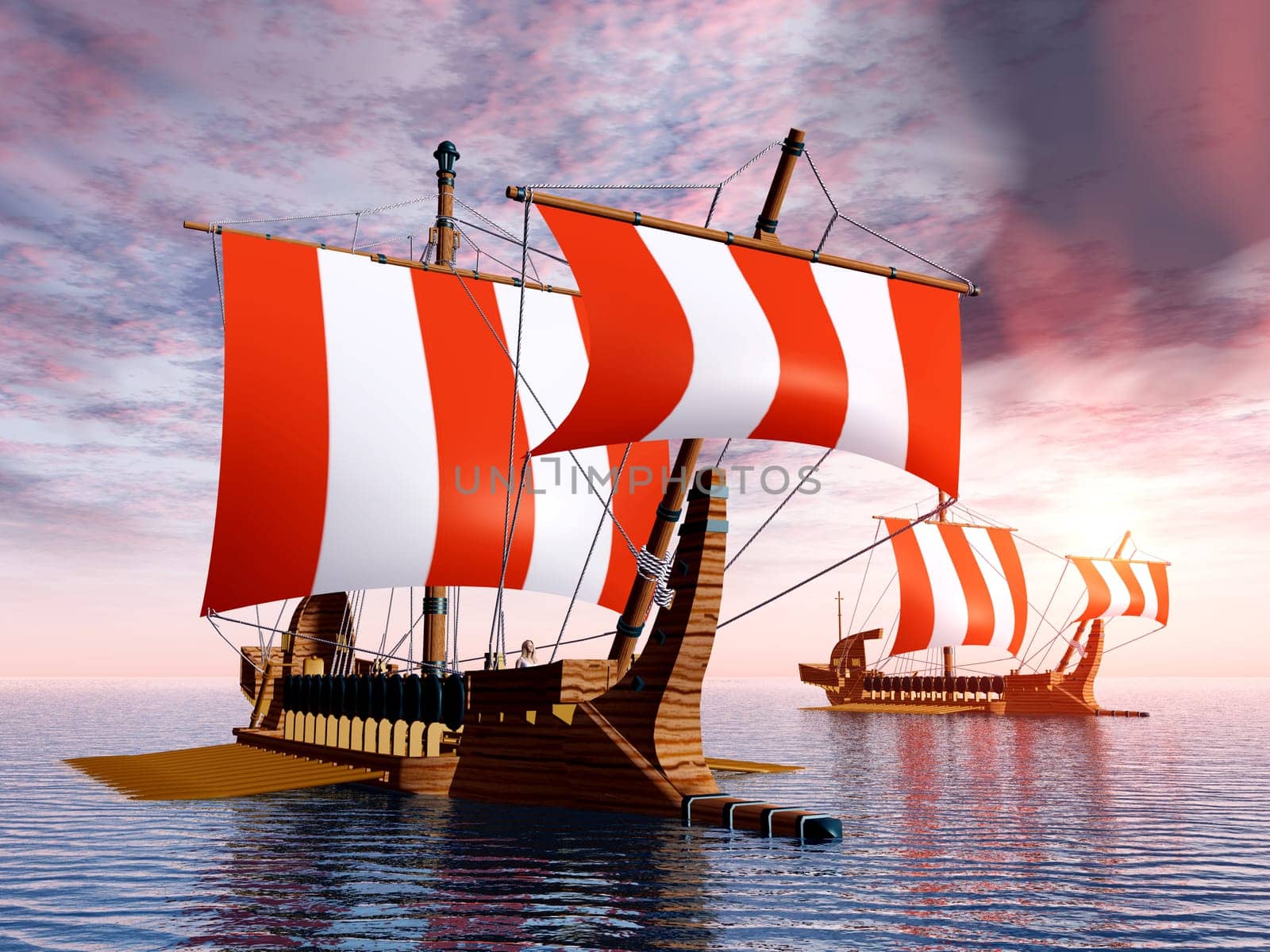 Computer-generated 3D illustration with oars-driven warships from ancient Greece