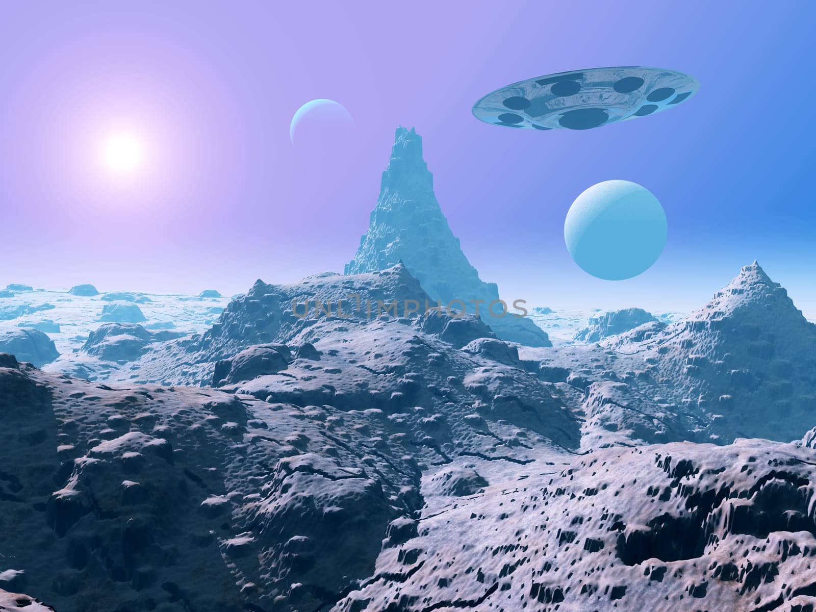 Computer-generated 3D illustration with a spaceship in an unknown world
